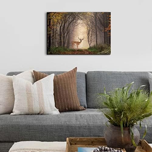 Wild Animal Landscape Canvas Wall Art Deer in Autumn Foggy Forest Picture Wall - Image 4