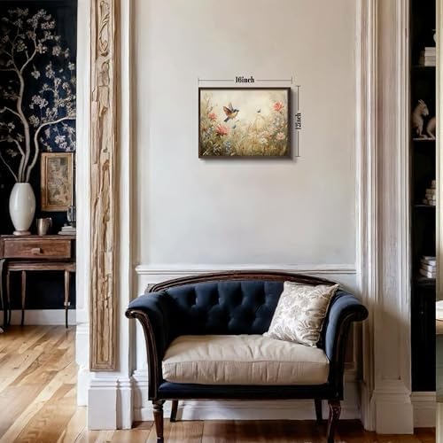 Vintage French Framed Wall Art, Wildflower Meadow Bird Canvas Prints - Image 3