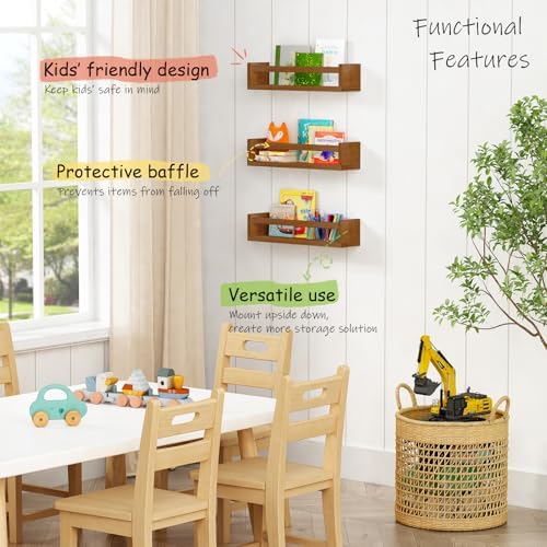 Harwaya Walnut Brown Nursery Book Shelves Wall Mounted, Wooden Floating - Image 4