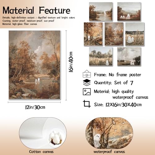 Mynotix Funny Halloween Poster Set of 7, Cute Ghost Country Landscape Wall Art - Image 3