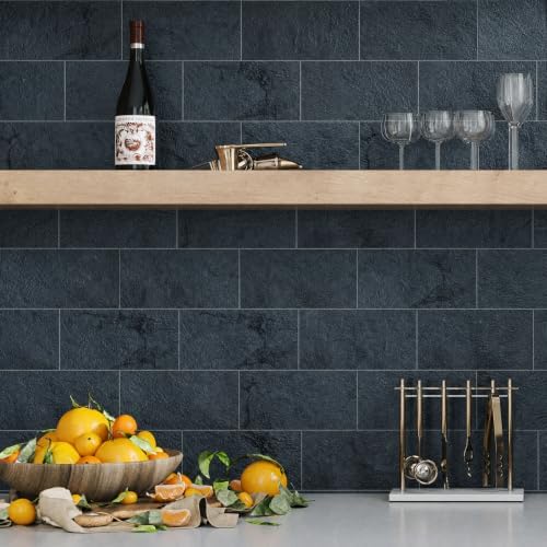 6" x 12" Midnight Black Slate Peel and Stick Backsplash Wall Tiles, PVC Faux - Image 2
