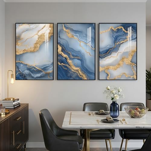 Large Framed Blue Gold White Abstract Wall Art - Image 4