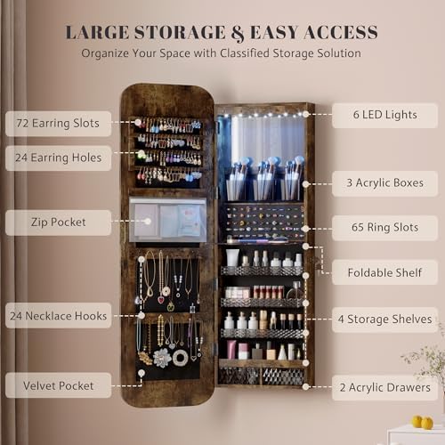 Vlsrka 47.2" Wall/Door Mounted Jewelry Cabinet Organizer Armoire W/Mirror - Image 5