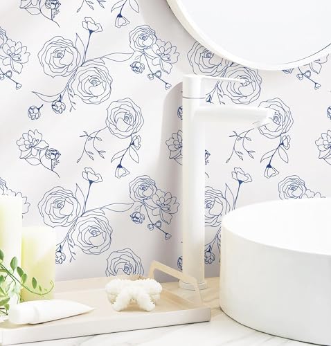 Safiyya 393"x17.3" Peel and Stick Wallpaper Blue and White Contact Paper Floral - Image 2