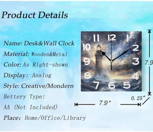 3D Beautiful Night Sky Lighthouse Square Wall Clock, 8 Inch Standard Non - Image 3