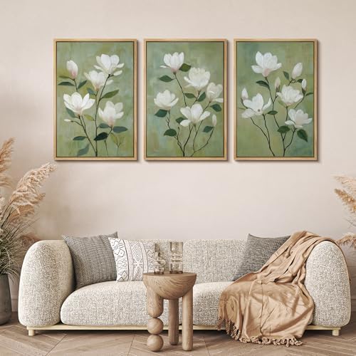MUDECOR Framed Canvas Print Wall Art White Magnolia Floral Soft Green Botanical - Image 2