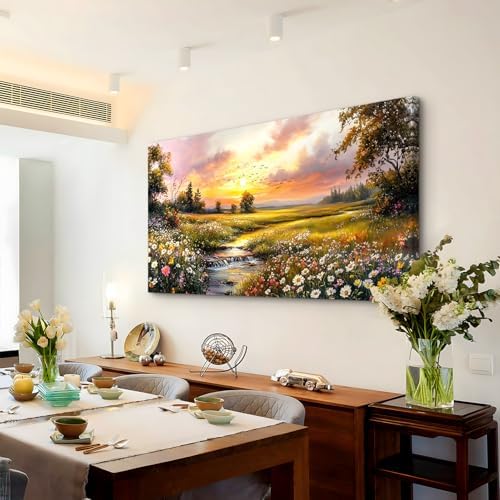 crmotu Extra Large Canvas Art, Rustic River Meadow Wall Decor 29X57 In - Image 4