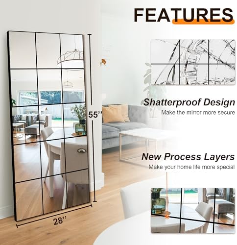 Delma Window Pane Full Length Mirror 28"x55" Large Window Wall Mirror Black - Image 2