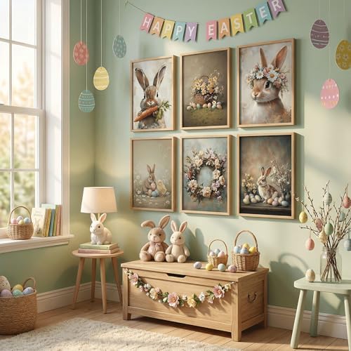 KYSNGMT Vintage Easter Bunny Wall Art Prints Set of 6 Unframed - Image 5