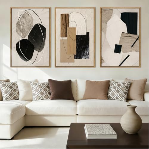 Large Abstract Paintings Framed Neutral Canvas Prints Mid Century Modern Wall - Image 5