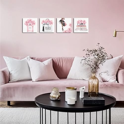QINGTAI 4 Pcs Pink Fashion Canvas Wall Art, Perfume Handbag Wall Decor - Image 3
