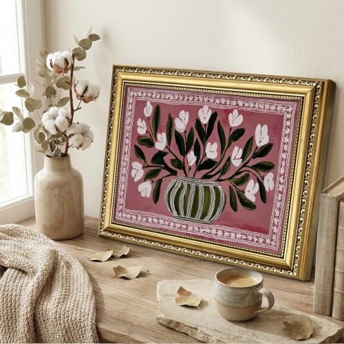 Gold Framed Vintage Floral Wall Art, Retro Vase White Flower Print - Image 2