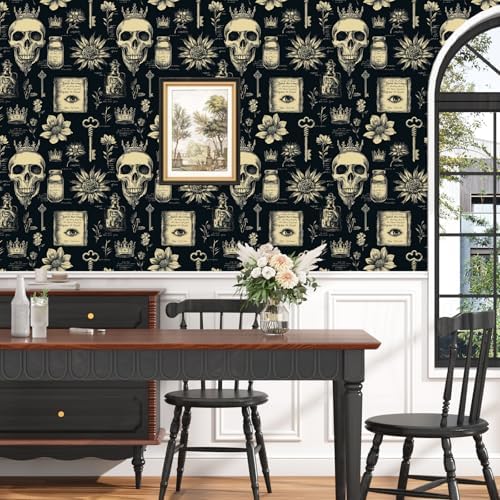 Laatse Gothic Black Beige Skull Floral Wallpaper Peel and Stick 17.5"x118" - Image 7