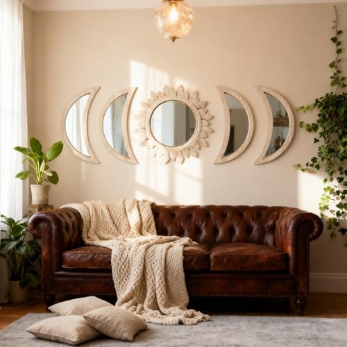 5 Pieces Moon Phase Mirror Wall-Mounted Wall Decor Mirrors Natural Wooden - Image 4