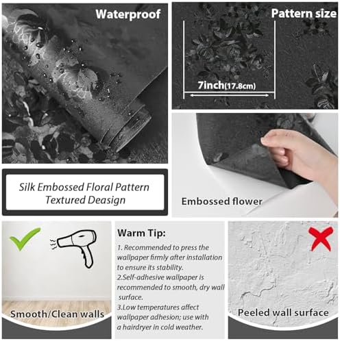 Black Peel and Stick Wallpaper Silk Embossed Floral 393in17.7in - Image 4