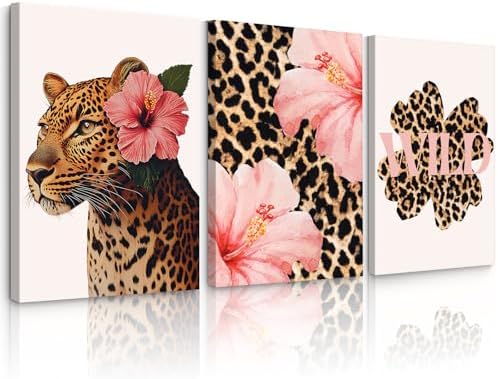Trendy Leopard Wall Art Pink Cheetah Print Room Decor Leopard Flower Canvas by Unknown