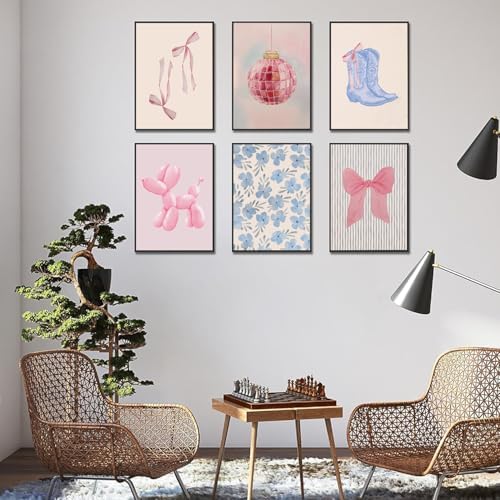 Blue and Pink Preppy Poster Set of 6 Cute Coquette Bow Boots Wall Art Aesthetic - Image 4