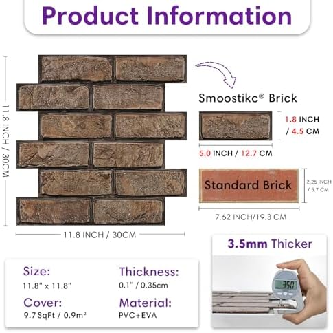 3D Peel and Stick Faux Brick Wall Panels 11.8" x 11.8" 10-Pack - Image 3