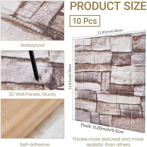 CRASPIRE 10Pcs 3D Faux Stone Peel and Stick Wall Tan Tile Panels 11.8x11.8in - Image 2