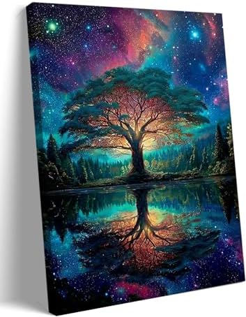 Framed Canvas Tree of Life Wall Art, Vibrant Galaxy Tree Lake Reflection Poster by ZLXARTLA