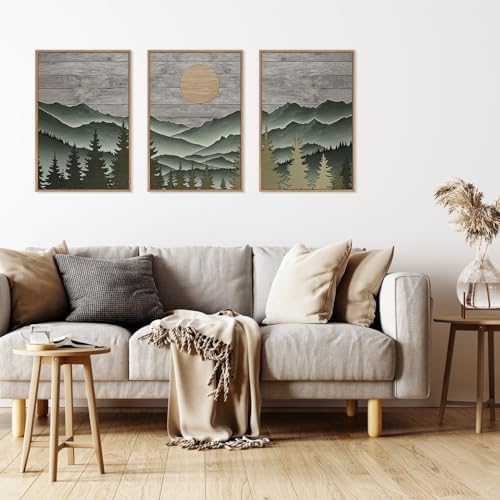 HLNIUC Mountain Framed Canvas Wall Art, Large Green Forest Woodcut Wall Decor - Image 4