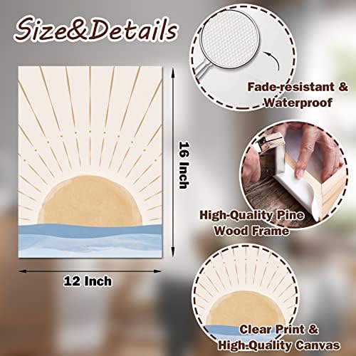 Boho Wall Art Set of 3, Neutral Geometric Sun Rising on the Sea Minimalist Art - Image 5