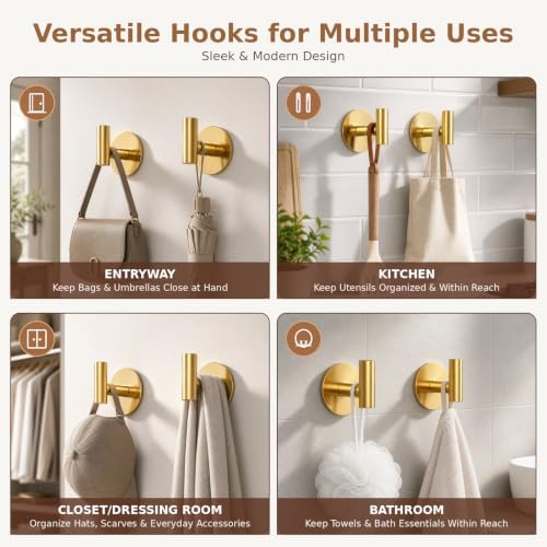 Gold Stainless Steel Wall Hooks, Heavy Duty Self-Adhesive Hooks - Image 4