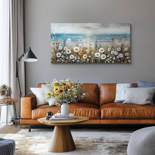 SERIMINO Coastal Landscape Wall Decor, Beach Daisy Canvas Prints 24"X48" - Image 2
