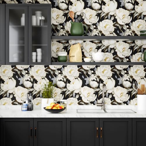 ILHIIOR Black/White Floral Peel and Stick Wallpaper 17.5 x 393 Inches - Image 2