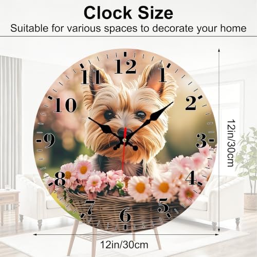 12" Silent Wall Clock, Round Wall Clock, Flower Basket Puppy - Image 2