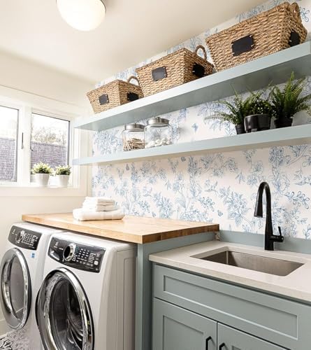 Froluya Cream White and Blue Peel and Stick Wallpaper Floral Contact Paper - Image 3