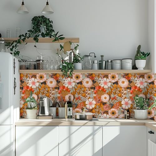 HAOKHOME Orange Floral Peel and Stick Wallpaper Boho Vintage 17.3in x32.8ft - Image 6