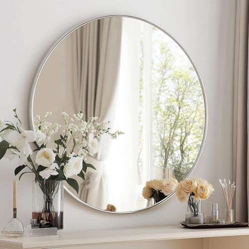 Oruii Round Mirror, 22 inch Silver Circle Mirror, Bruhsed Nickel Metal Frame - Image 7