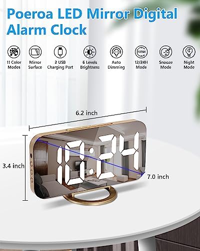 Digital Alarm Clock, 7 in LED Mirrored Clocks Large Display, - Image 2