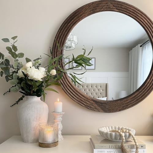 LOSOUR Round Mirror, Farmhouse Decor Solid Wood Frame Wall Circle Mirror - Image 6