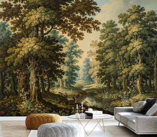 Vintage Rustic Forest River Deer Landscape Wallpaper - Image 4