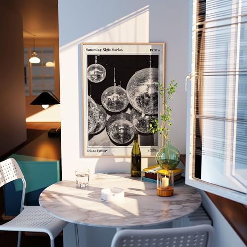 70s Disco Ball Wall Art 12x18in Wood Grain Frame Vintage Black and White - Image 3