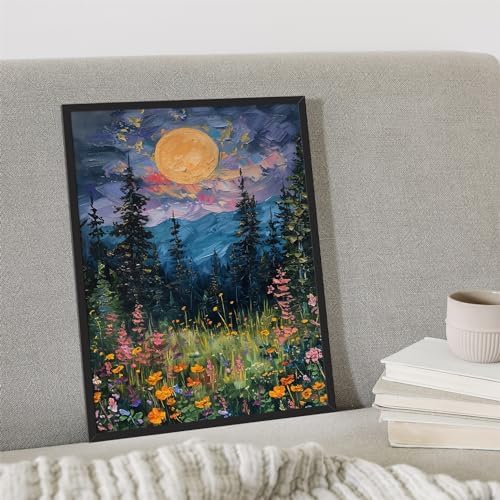 Yuaruo Vintage Full Moon Above The Wildflowers Canvas Wall Art, Mystical - Image 2