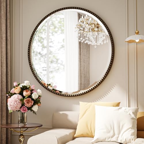 24'' Round Bathroom Mirror, Beaded Circle Decorative Wall Mirror by Unknown