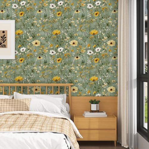Laatse Vintage Green Yellow Daisy Floral Botanical Wallpaper 17.5"x393" - Image 4