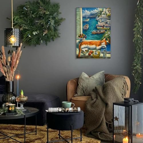 Coastal Cat Poster Mediterranean Seaside View Canvas Wall Art - Image 2