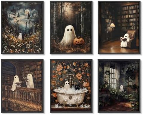 HTTART Vintage Ghost Halloween Poster Set of 6, Dark Academia Cute Ghost Wall by Unknown
