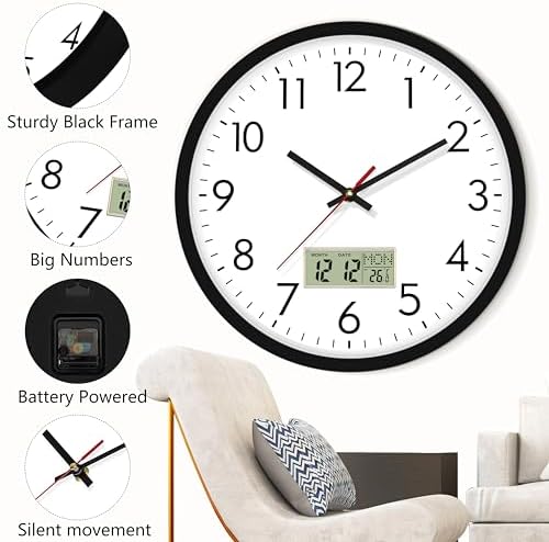Lumuasky Wall Clock Digital 12" Non-Ticking Silent Battery Operated Analog - Image 4