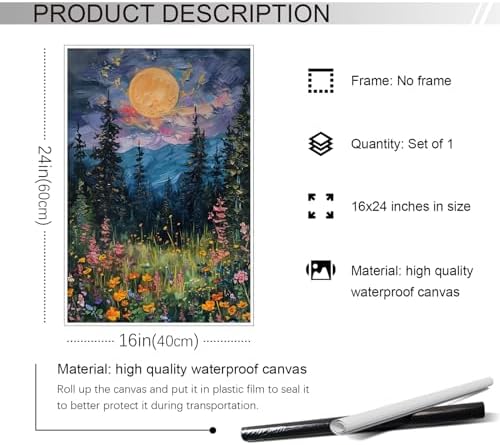 Yuaruo Vintage Full Moon Above The Wildflowers Canvas Wall Art, Mystical - Image 6