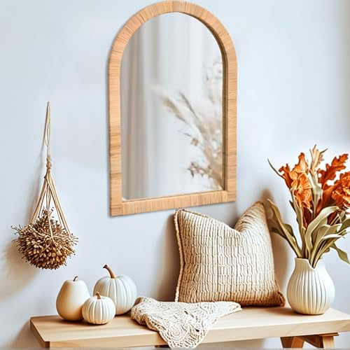 FUIN Boho Rattan Wall Mirror 20×30 Inch Arched Natural Rattan Frame – Farmhouse - Image 5