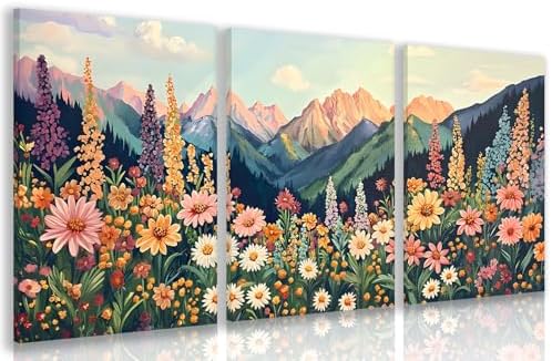 Hianan Wrapped Canvas Boho Moutain Wildflower Wall Art Set of 3, 12x16 in by Unknown
