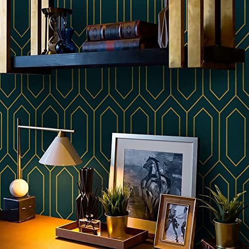 Safiyya Geometric Peel and Stick Wallpaper Gold and Dark Teal Contact Paper - Image 2