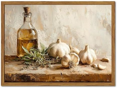 Framed Vintage Kitchen Canvas Wall Art, Rustic Garlic and Herbs Pictures Wall by Unknown