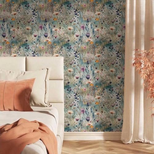 Watercolor Blue Green Purple Beige Wildflower Peel and Stick Wallpaper Wall - Image 2