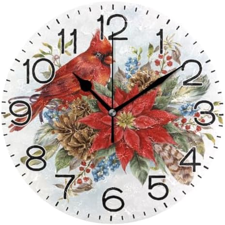 Christmas Poinsettia Flower and Winter Bird Red Cardinal Wall Clock Battery by ALAZA